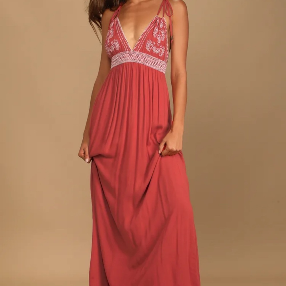 Lulu's Days of Sunlight Brick Red Embroidered Maxi Dress
